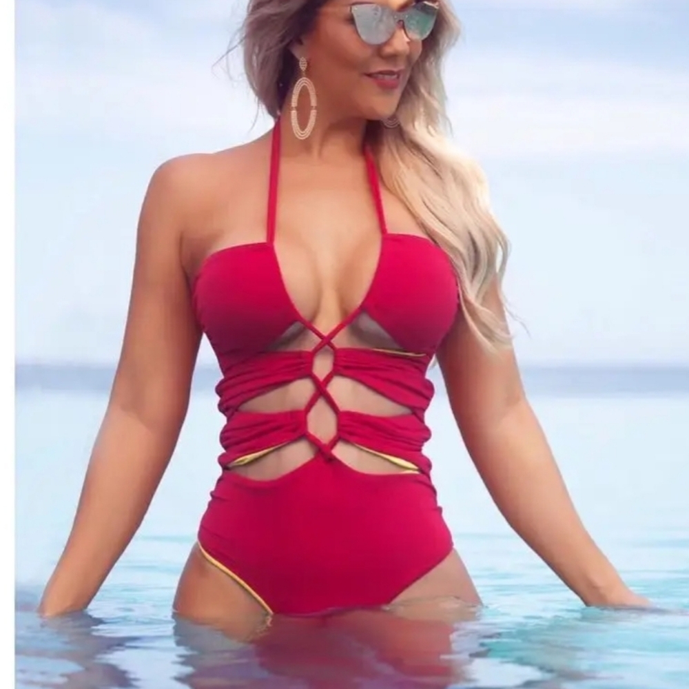 Kenneth Cole New York Red Cutout One-Piece Swimsuit